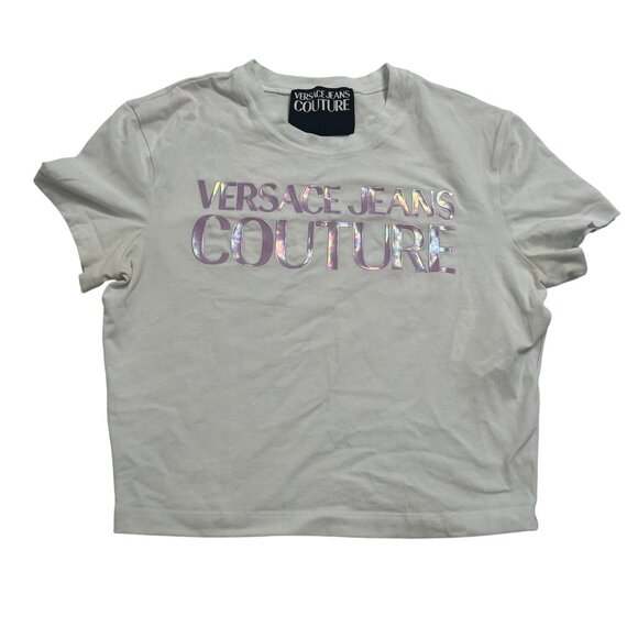 Versace Jeans Couture Baby Tee Pink Holographic Logo in White - Picture 1 of 5
